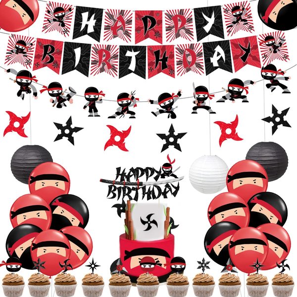 Fangleland Ninja Birthday Party Decoration Red and Black Warrior Themed Party Supplies for Boys with Ninja Happy Birthday Banner Cake Topper Sticker and Paper Lanterns