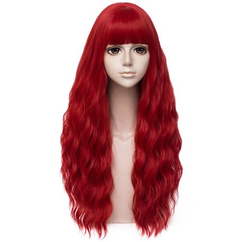 Mildiso Red Wigs for Women 26" Long Red Wig with Bangs Red Little Mermaid Wig Costume Curly Wavy Hair Wig with Bangs Cute Natural Wigs for Daily Party M062RD
