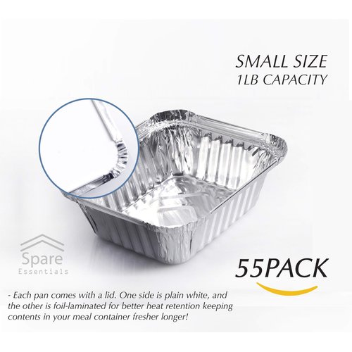 Spare Essentials 55-Pack Aluminum Foil Containers With Lids - 1 LB Disposable Take Out Pans for Freezer Meals