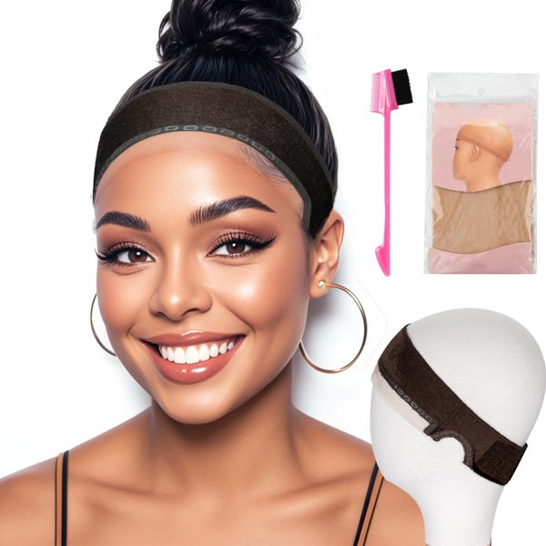 Wig Grip Band Women Adjustable: Wig Gripper with Ear-Cutouts Natural Lace Edge - Adjustable Non-Slip Off Band with Velcro Comfortable Breathable No-Headache (Brown)