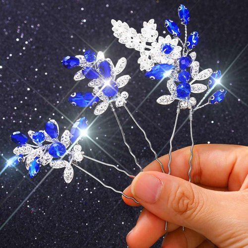 Latious Crystal Bride Wedding Hair Pins Blue Rhinestone Hair Clips Sparkly Bridal Hair Accessories for Women and Girls