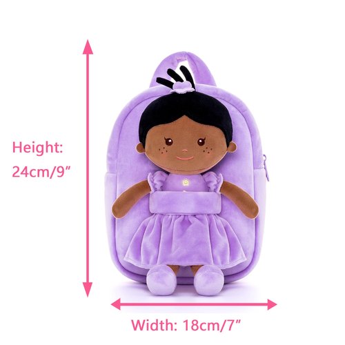 Onetoo Toddler Backpack Kids Backpacks with Soft Tanned Baby Dolls in Purple Flower Dress 9"