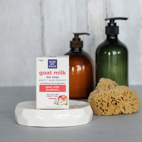 Kiss My Face Goat Milk Bar Soap - Peach + Apple Blossom - Probiotic Goat Milk Soap Bar - Cruelty Free and Palm Oil Free (Peach + Apple Blossom, Pack of 1)