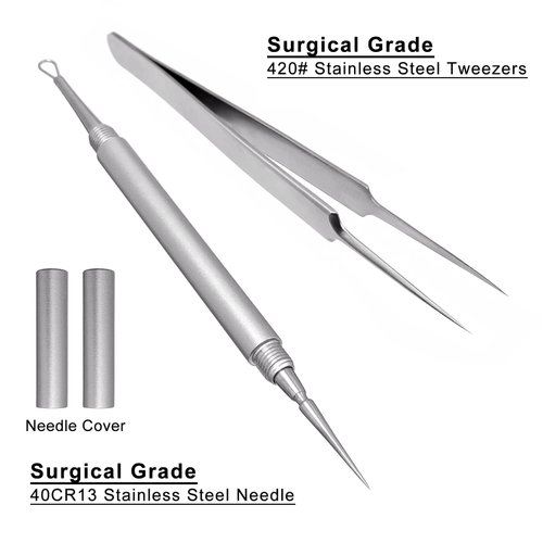 SGNEKOO Professional Facial Milia Removal Tool and Whitehead Extractor, High Grade Stainless Steel Double Ended Needle and Tweezers Kit,Blackhead,Blemish,Zit and Pimple Acne Remover Popper