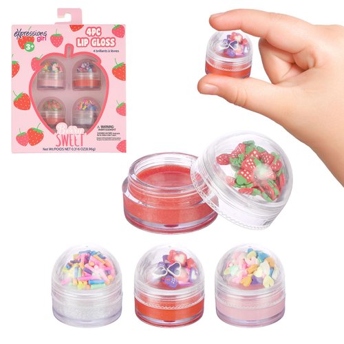 Expressions Girl 4pc Lip Gloss with Confetti Top – Berry Sweet Fruity Flavored Lip Gloss For Girls, Safe and Non-Toxic Confetti Lip Gloss Gift Set For Girls