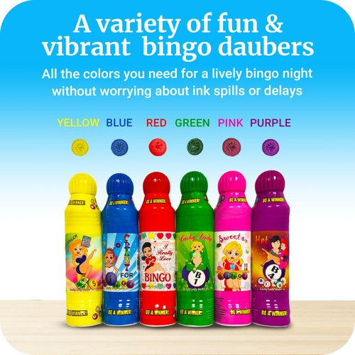 Lucky Lady Bingo Daubers for Adults - 6-Pack Assorted Colors Bingo Markers - Smooth & Even Application, Non-Drip & Quick-Dry Formula Bingo Dotters, Bingo Accessories - Made with Dab-O-Ink Bingo Dauber