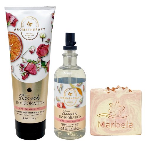 Bath & Body Works Aromatherapy Steeped Invigoration Rose + Tangerine + Tea Body Cream and Essential Oil Mist Set with a Himalayan Salts Springs Bar Soap - Full Size