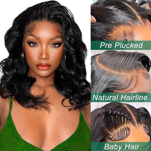 Body Wave 13x6 HD Lace Front Wigs Human Hair 200% Density Bob Wig Human Hair Pre Plucked Short Bob Wigs for Black Women Glueless Frontal Wig Human Hair Natural Black Loose Wavy 14 inch Bob Wig
