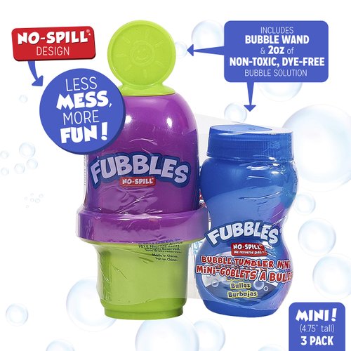 Fubbles Bubbles No-Spill Bubble Tumbler for Babies Toddlers and Kids | Includes 6oz Bubble Solution and Bubble Wand (Tumbler Colors May Vary)(Pack of 3)