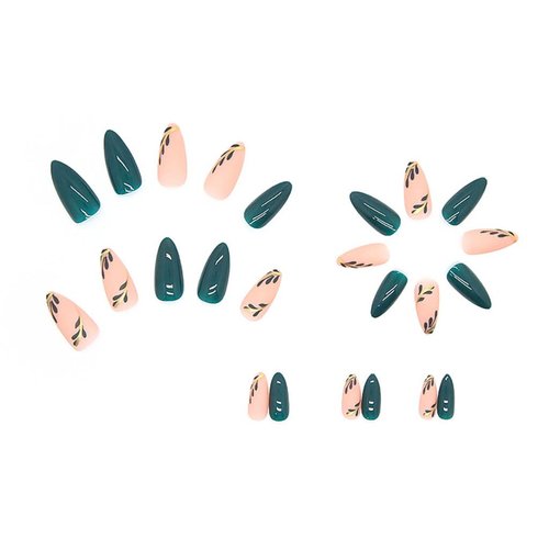 RikView Fall Press on Nails Long Acrylic Almond Fake Green Full Cover For Women