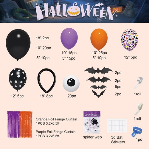 AIBIIN 153pcs Halloween Party Balloons Halloween Balloon Arch Garland Kit Black Orange Purple Confetti Balloons Orange Purple Foil Fringe Curtain Halloween Birthday Baby Shower Party Balloons Supplies