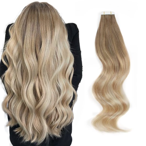 ABH AMAZINGBEAUTY HAIR Remy Tape in Hair Extensions - Invisible Sun-kissed Balayage Hair Ash Brown Fading into Dirty blonde with Platinum Blonde Highlights, B8-18-60,20 Pieces 50 Grams, 20 Inch