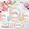 96 Pieces Happy Birthday Plates and Napkins Party Supplies for Confetti Sprinkles Theme Table Decorations Pastel Birthday Party Tableware Donut Paper Plates Napkins Forks Favors for 24 Guests.