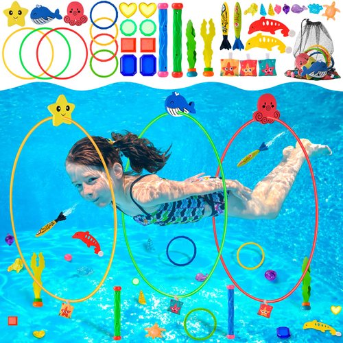 Anytin Pool Rings Diving Toys - 38pcs Swimming Thru Pool Diving Game Toys,Pool Toys or Kids Ages 4-8-12,with Diving Rings,Diving Gems, Dive Sticks,Pool Torpedo,Including Storage Mesh Bags, Etc.