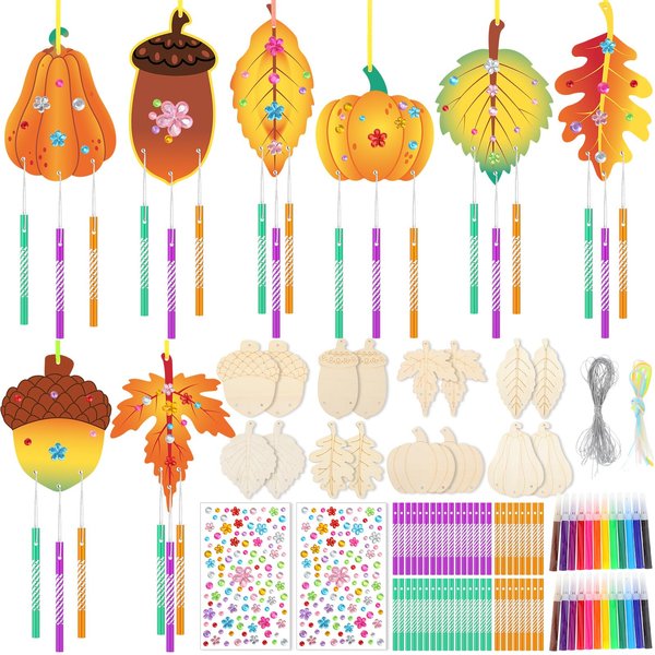 WinnerWhy 16 Pack Wind Chime Kit Fall Craft Make Your Own Leaf Pumpkin Pine Cones Wind Chime DIY Wooden Hanging Ornaments Painting Craft for Thanksgiving Family Activities Party Supplies