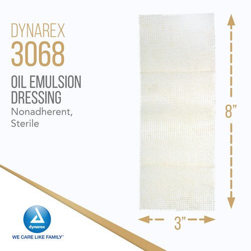 Dynarex Oil Emulsion Dressings, Wound Care, Absorbent, 3” x 8” Sterile Knitted Gauze Dressing with Emulsion Blend of Petrolatum and Sunflower Oil, 1 Box of 24
