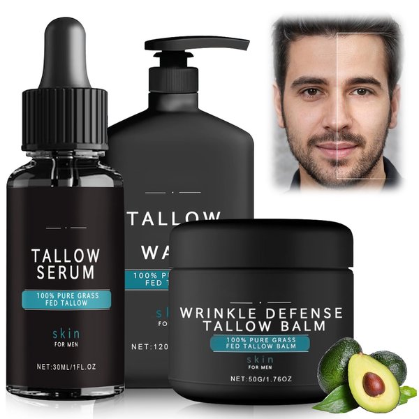 Wrinkle Defense Tallow Balm, Skin Care for Men, Mens Face Care Set (Tallow Cream + Tallow Night Serum + Tallow Face Wash), Moisturizer & Anti Wrinkles for Men Day & Night(1 SET)