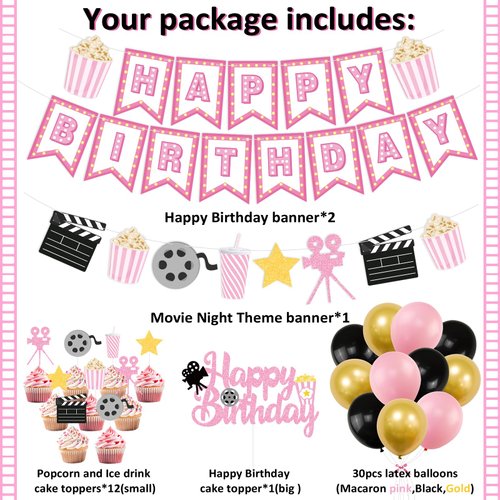 K KUMEED Happy Birthday Decorations,Movie Theme Party Decorations Pink Popcorn Camera Movie Theater Decorations Cute Cake Topper Latex Balloons for Birthday Party Movie Night Party Supplies Girls