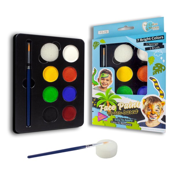 ColorMaster Face Painting kit for kids, Non-Toxic Water-Based Paints, 7 Bright Colors, with Brush - Professional Face and Body paint Makeup Kit for Sensitive Skin (Jungle Jam Kit)