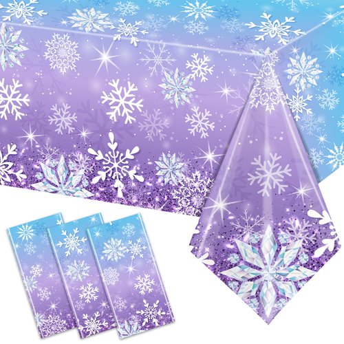 GREHUMOR Frozen Birthday Party Supplies 3 Pack Winter Snowflake Plastic Tablecloth Blue Snowflake Winter Wonderland Disposable Table Cover for Christmas Winter Birthday Party Decorations