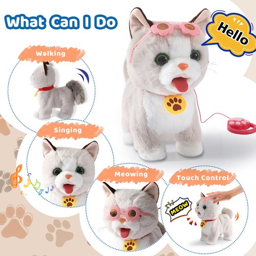 Walking Cat Set Interactive Talking Cat Toy Kitten Repeat What You Say Robot Cat Toy for Girl Singing Dancing Touch Control Cat with Leash Wagging Tail Nodding Plush Electric Ragdoll Kitty Cat for Kid