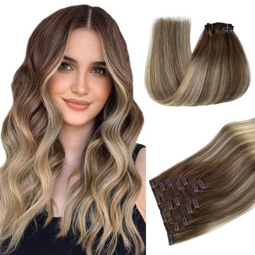 Belaved Clip in Hair Extensions Human Hair Ombre Ash Brown and Bleach Blonde 22 Inch 70g 7Pcs Real Hair Extensions Clip in Human Hair Seamless Remy Hair Extensions Clip ins