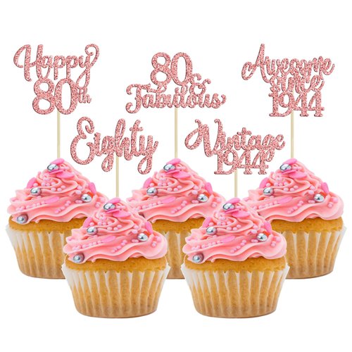 30Pcs Vintage 1944 Cupcake Toppers Glitter Eighty 80 Fabulous Happy 80th Birthday Cupcake Picks Cheers to 80 Years for 80th Birthday Anniversary Party Cake Decorations Supplies Rose Gold