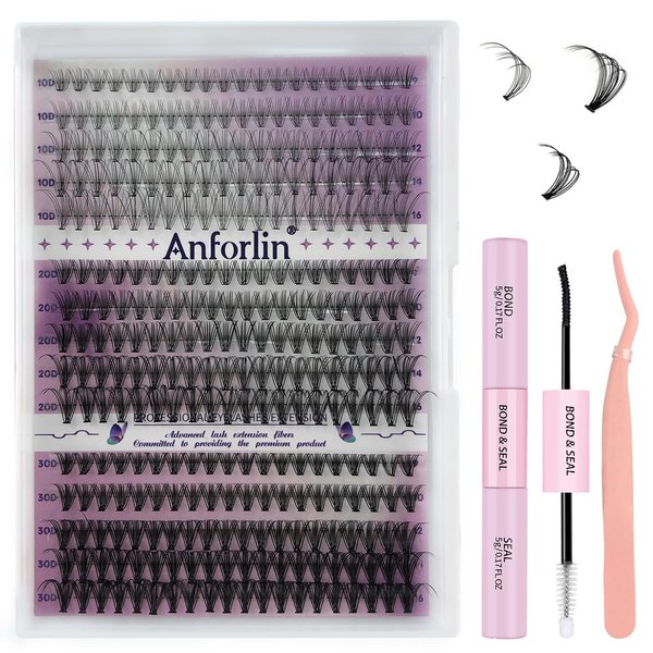DIY Lash Extension Kit 10D+20D+30D Cluster Lashes D Curl 3 Styles Individual Eyelashes with Lash Bond&Seal and Lash Tweezer DIY Lash Applicator Tool at Home by Anforlin