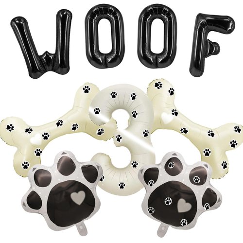 Dog Theme Balloons - 3rd Dog Birthday Party Decorations, 40 Inches Number 3 Foil Balloons, Paw and Bone Balloons, WOOF Letter Balloons, Paw Prints Stickers for Pet Kids Dog Birthday Party Supplies