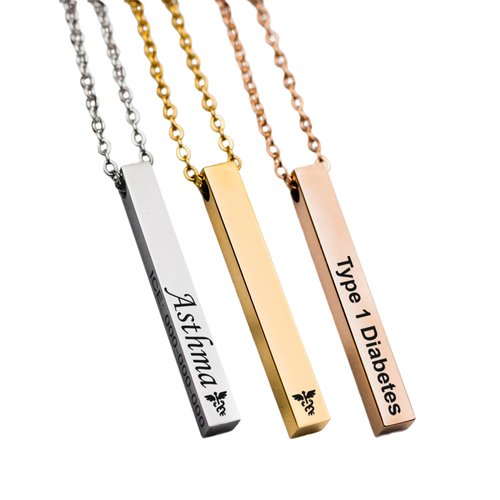 MIA·MIA Medical Alert Necklace for Women, Custom Stainless Steel Laser Engraved ID Emergency Awareness Prescription Jewelry for Diabetes, Allergy, Epilepsy & Medic Conditions (4-sided bar)