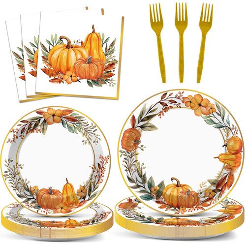 Justforjoyful 96Pcs Thanksgiving Paper Plates Napkins Fall Party Supplies Pumpkin Floral Wreath Party Tableware Set Autumn Dinnerware for Girl Birthday Party Baby Shower Decoration Serve 24