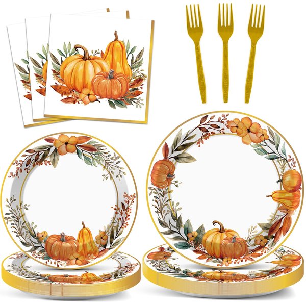 Justforjoyful 96Pcs Thanksgiving Paper Plates Napkins Fall Party Supplies Pumpkin Floral Wreath Party Tableware Set Autumn Dinnerware for Girl Birthday Party Baby Shower Decoration Serve 24
