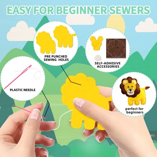noonimum Craft Sewing Kit for Teens, Learn to Make Your Own Woodland Felt Animals First Sew Kit Beginner DIY Arts Set, Plush Craft Easy Sewing Stuffed Animals for Kids Girls Boys, Set of 7