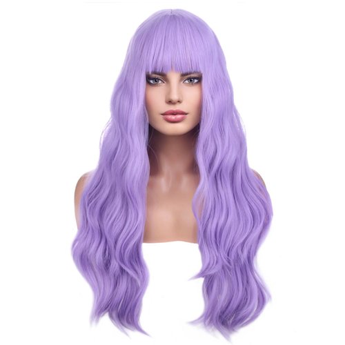 BERON 26 Inches Purple Wig Long Curly Wig with Bangs Synthetic Wig Women Girls Lavender Wigs with...