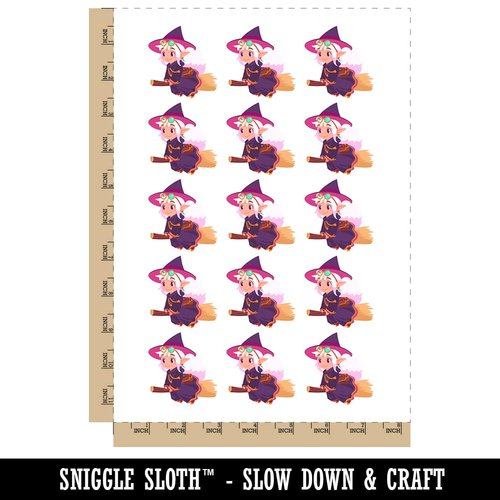 Cute Witch Floating on Broom Temporary Tattoo Water Resistant Fake Body Art Set Collection - 15 2" Tattoos (1 Sheet)