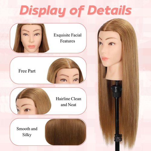 MQHIHI Mannequin Head Human Hair, 80% Real Hair Mannequin Head Cosmetology Manikin Practice Doll Head for Braiding Hairstyling Cutting with Free Clamp Holder and Tools (Light Brown)