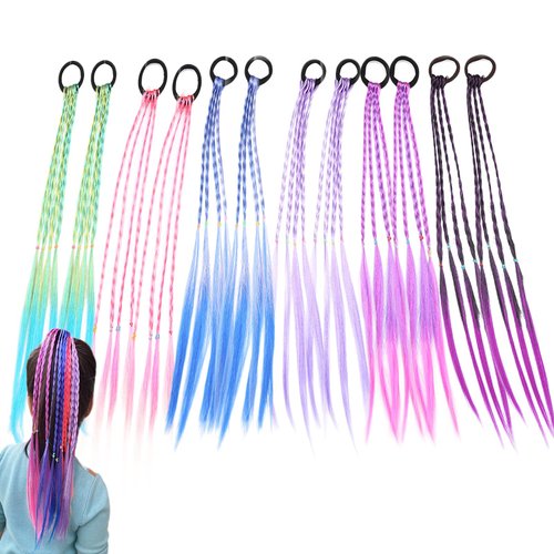 Lopsity 12PCS Girls Hair Extensions Accessories Colorful Wigs Hair Bands Headwear Twist Braid Rainbow Braided Hairpieces for Girls Women,Headbands Rubber Band (A)