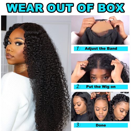 BLY Curly Glueless Wear and Go Pre Cut Lace Front Wigs Human Hair Pre Plucked Ready to Wear Wig for Women Afro Kinky Curly Black Color Hair Wig with Elastic Band 20 Inch