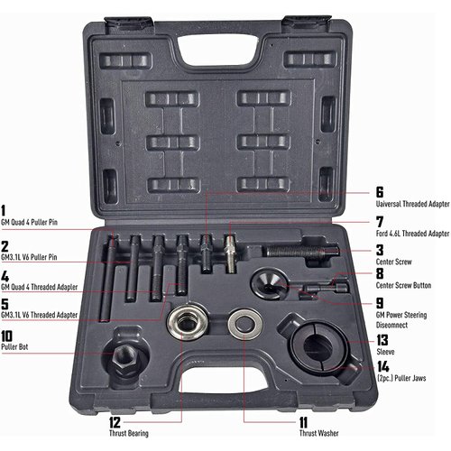 Aain 14 PCS Power Steering Line Disconnect Pulley Puller Removal and Installer Tool Kit, AC Automotive Remover Set for Water Vacuum Pump and alternator pulleys for GM/FORD/CHRYSLER, Black (MKT027)