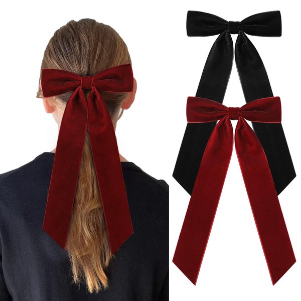 2PCS Velvet Hair Bows Ribbon Hair Clip Black Wine Red Accessories Ponytail Holder Accessories Slides Metal Clips Hair Bow for Women Girls Toddlers Teens Kids
