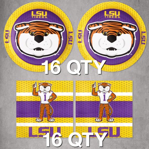 Havercamp LSU Tailgate Party Supplies (for 16 Guests). Features Mike the Tiger in 16 ea. LSU Paper Plates and Napkins. Officially Licensed by LSU!