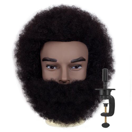DIRUISI 6"Afro Male Mannequin Head with Beard 100% Human Hair Curly Hair 4A Type for Hairdresser Training Head Cosmetology Afro Hair Manikin Head for Practice Styling Cornrow Braiding with Clamp Stand
