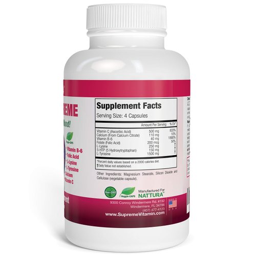 Nattura 5-HTP Supreme - for Positive Mood, Relaxation and Appetite Control - with 5-HTP, L-Tyrosine, L-Lysine, Vitamin B6, Folate (Folic Acid), Vitamin C (Ascorbic Acid), Calcium - 90 Capsules