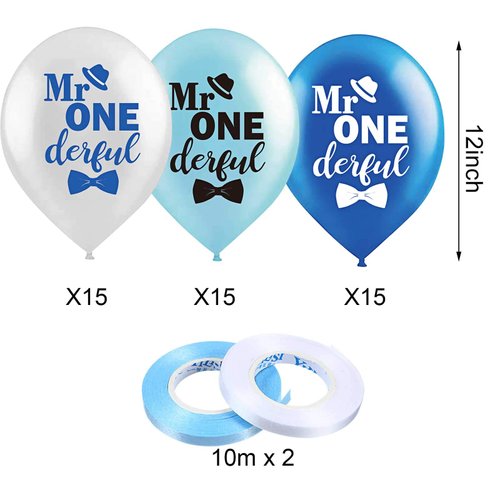 45 Pieces 12 Inch Mr Onederful Boys 1st Birthday Party Balloons, Blue and White Baby 1st Birthday Latex Balloons with 2 Pieces Ribbon Decorations for Mr Onederful Boy First Birthday Supplies, 3 Types