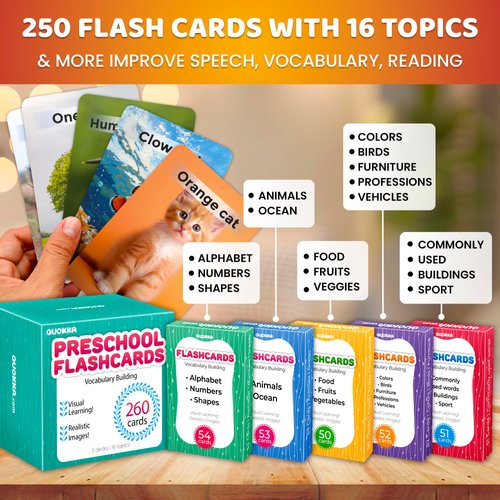 QUOKKA 260 Flash Cards for Kids Ages 3-5 with Realistic Images – Pre K Flash Cards Age 4-5 for Toddlers & Preschool, Alphabet, Numbers, Shapes, etc with 30 Learning Activities Color-Coded for Sorting