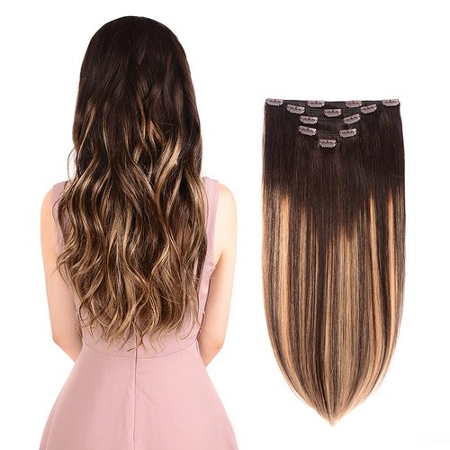 5 Pieces 12&quot; Remy Clip in Hair Extensions Human Hair Dark Brown to Dirty Blonde Highlight Brown O...