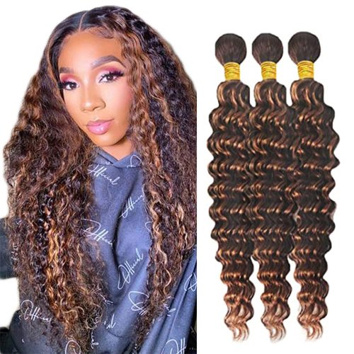 P430 Brown Highlight Bundles Deep Wave Dark Brown Brown and Honey Blonde Bundle Brazilian Remy Human Hair 3 Bundles Real Unprocessed Virgin Hair Extensions 12 14 16 Inch Piano Color