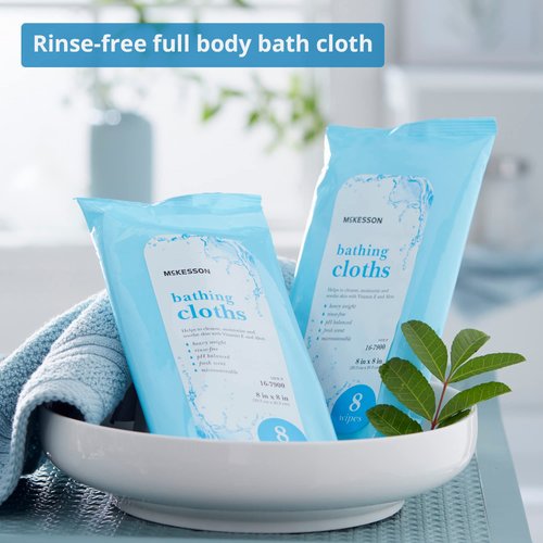 McKesson No Rinse Bathing Cloths, Singe Use Shower Wipes, Fresh Scent, pH Balanced, Purified Water, Aloe, 8 Wipes, 1 Pack