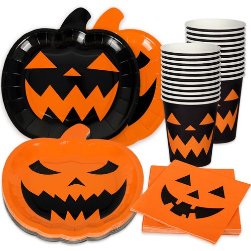 AnyDesign 72Pcs Halloween Party Dinnerware Set Orange Black Pumpkin Themed Paper Plates Cups Napkins Halloween Disposable Tableware Party Supplies for Spooky Themed Party Birthday, Serves 24 Guests