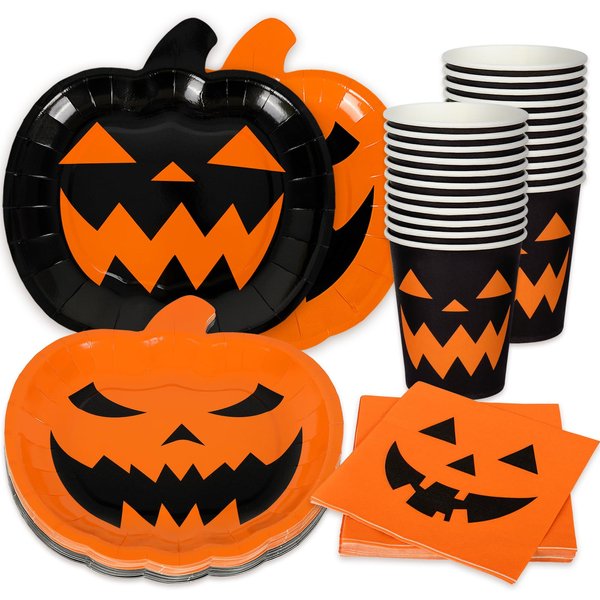 AnyDesign 72Pcs Halloween Party Dinnerware Set Orange Black Pumpkin Themed Paper Plates Cups Napkins Halloween Disposable Tableware Party Supplies for Spooky Themed Party Birthday, Serves 24 Guests